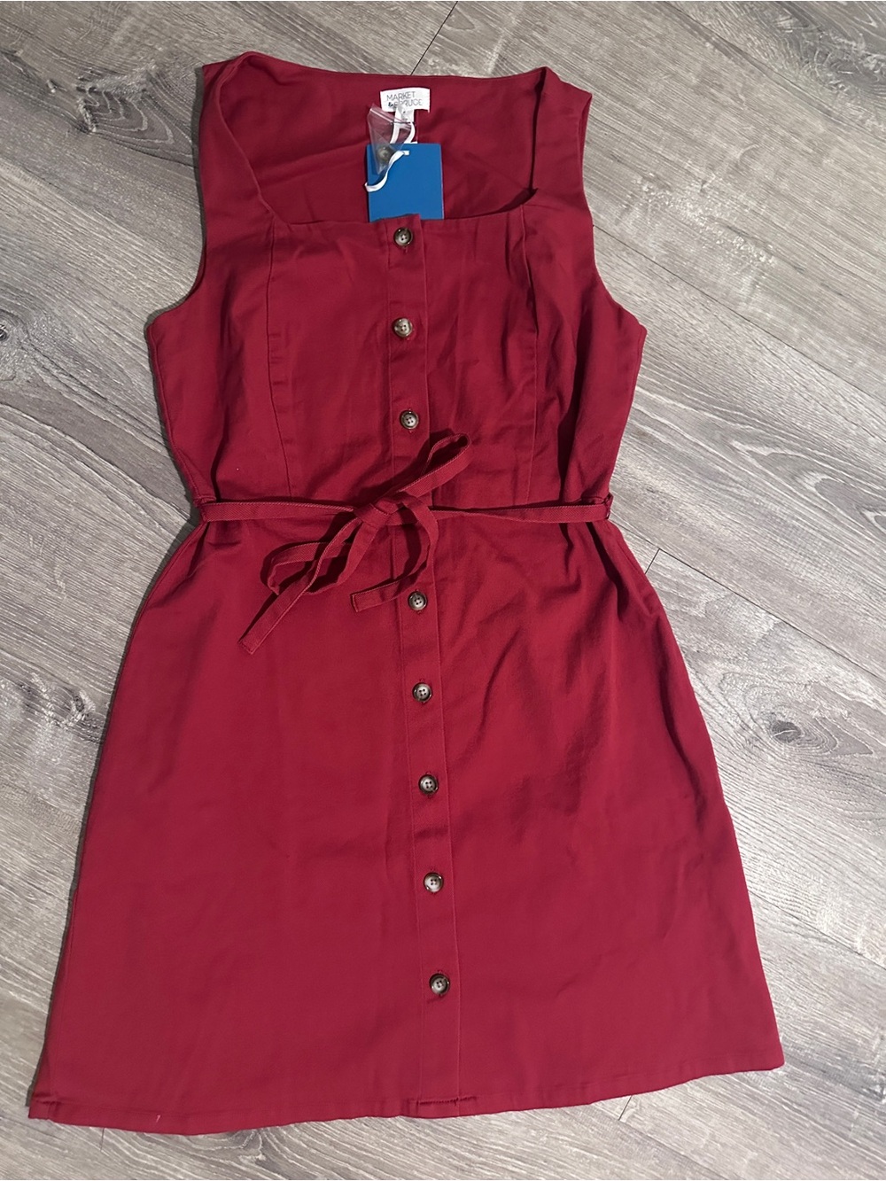 Market & Spruce Sleeveless Button-Front Burgundy Mini Dress with Tie Waist